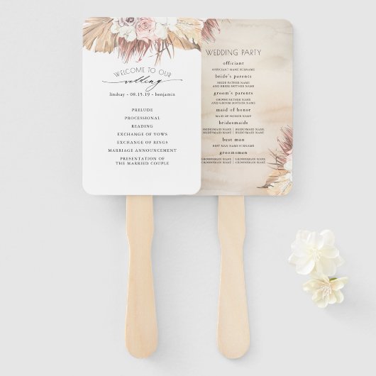 Éventail Orchidées et palmiers séchés Programme de mariage  (Devant et derrière)