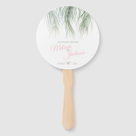 Éventail Palmiers tropicaux rose vert aquarelle art (Devant)