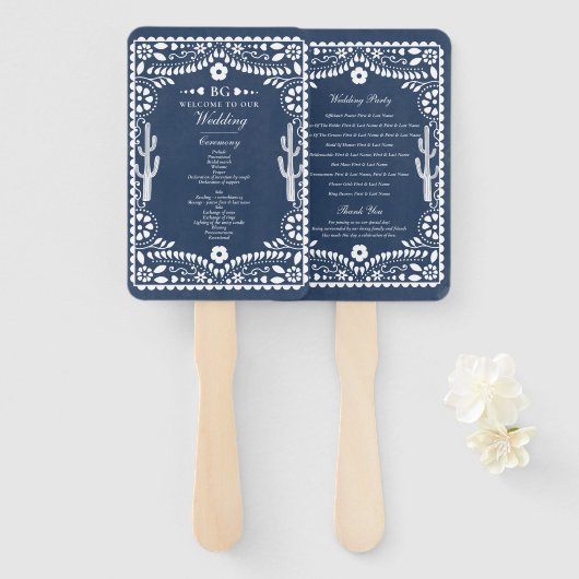 Éventail Papel Picado Mariage Mexicain Rustique Bleu (Devant et derrière)