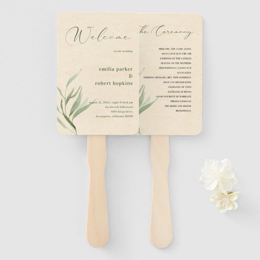 Éventail Papier d'artisanat beige en feuillage vert poussié (Devant et derrière)