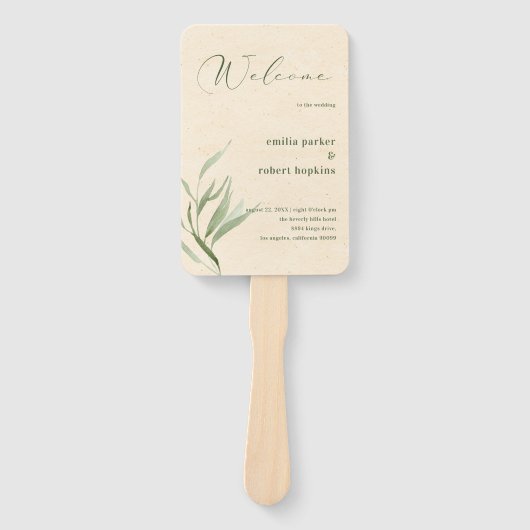 Éventail Papier d'artisanat beige en feuillage vert poussié (Devant)