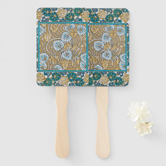 Éventail papier peint bleu art nouveau cyclamen (Devant et derrière)