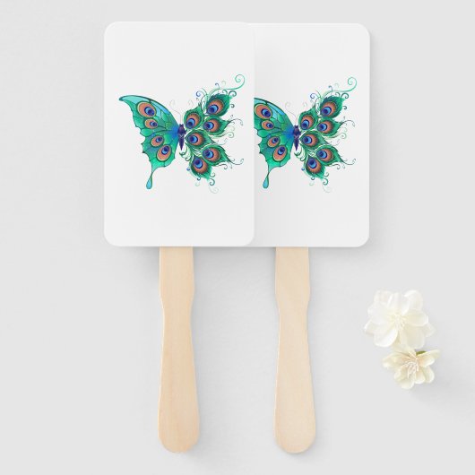 Éventail Papillon aux plumes de paon vert (Devant et derrière)
