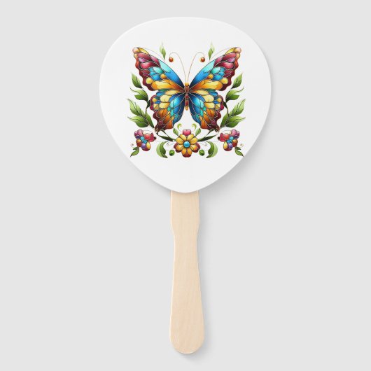 Éventail Papillon en vitrail coloré avec fleurs (Devant)