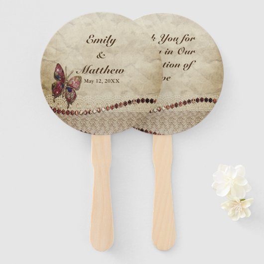 Éventail Papillon vintage, perles, dentelle, Mariage de par (Devant et derrière)