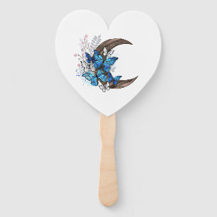 Éventail Papillons bleus sur croissant en bois