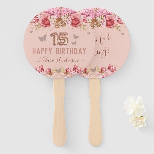 Éventail Papillons floraux rose heureux 15e anniversaire (Devant et derrière)