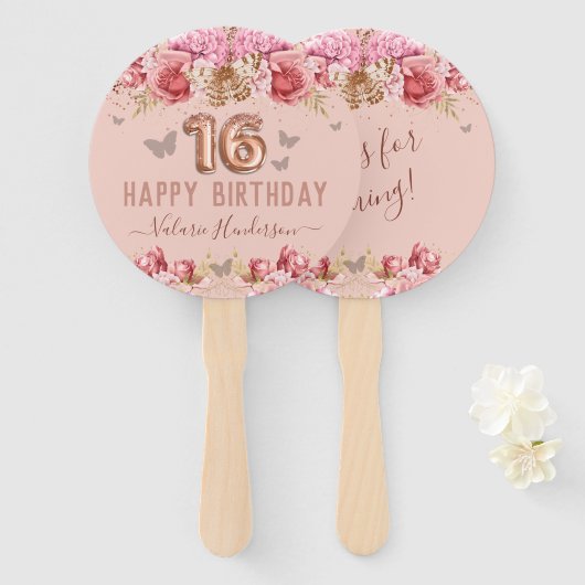 Éventail Papillons floraux rose joyeux 16e anniversaire (Devant et derrière)