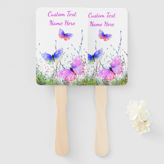 Éventail Papillons Ventilateur à main avec nom de texte per (Devant et derrière)
