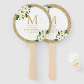 Éventail Parties scintillant d'or aux fleurs blanches Anniv (Devant et derrière)