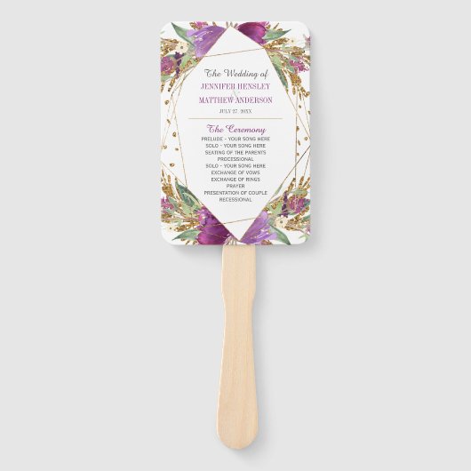 Éventail Parties scintillant or Améthyste violet cadre géom (Devant)