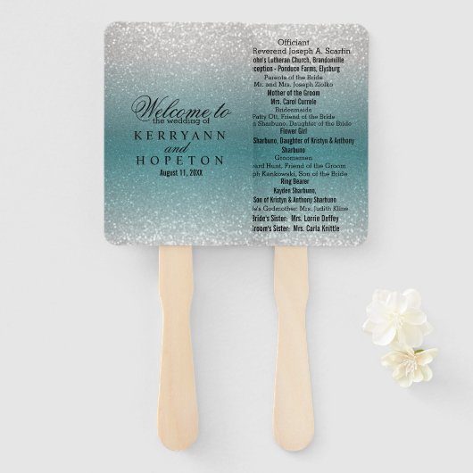 Éventail Parties scintillant turquoise et argent - Programm (Devant et derrière)