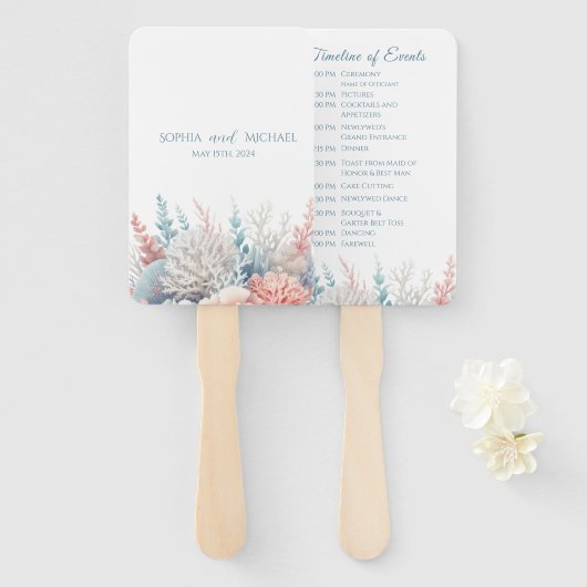 Éventail Pastel Coral Reef-Beach Programme de mariage (Devant et derrière)