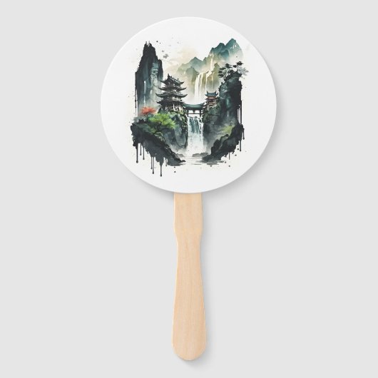 Éventail Paysage antique de l'encre chinoise avec cascade (Devant)