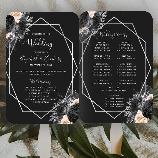 Éventail Peach Floral Silver Geo Black Wedding Programme