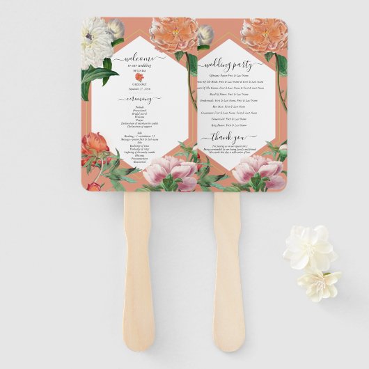 Éventail Peach Pink Peonies Flowers Programme de mariage (Devant et derrière)