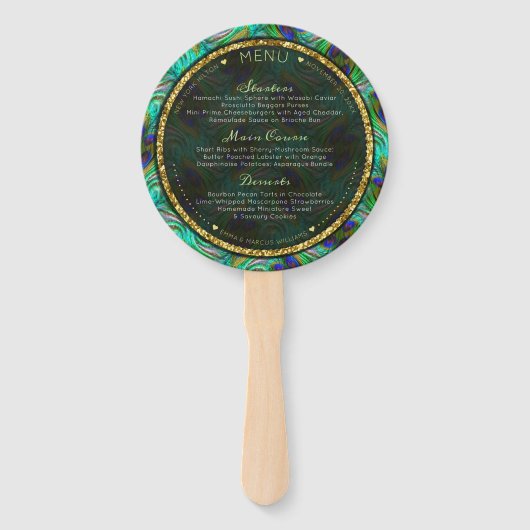 Éventail Peacock Feathers Gold Round Mariage Menu (Dos)