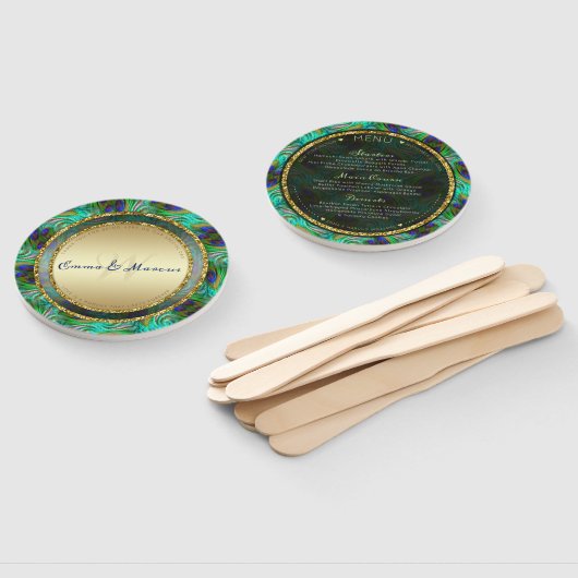 Éventail Peacock Feathers Gold Round Mariage Menu (Non-assemblé)