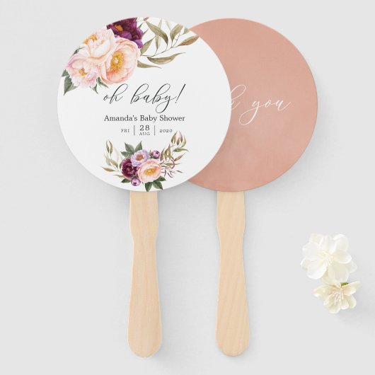 Éventail Pêche et Baby shower Floral Bourgogne (Devant et derrière)