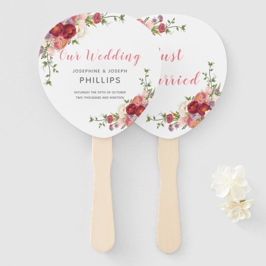 Éventail Peines d'aquarelle rose et Rose juste mariées (Devant et derrière)