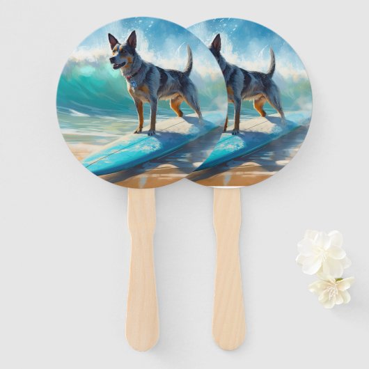Éventail Peinture de surf de plage de Blue Heeler  (Devant et derrière)