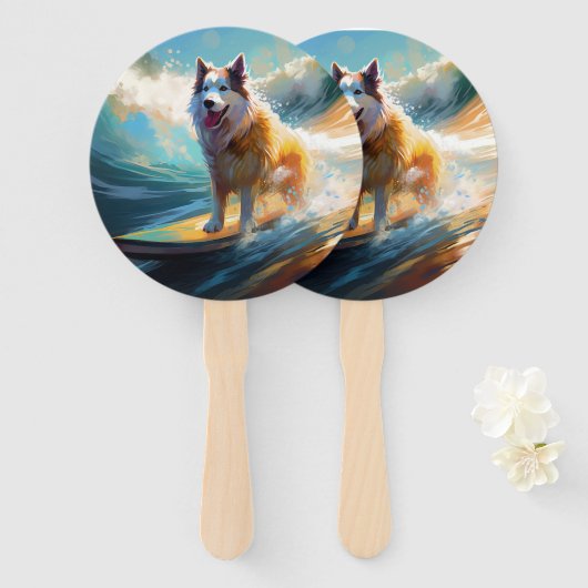 Éventail Peinture de surf de plage de Malamute d'Alaska (Devant et derrière)