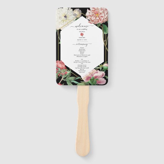 Éventail Peonies blanches roses Fleurs Mariage Black Progra (Devant)