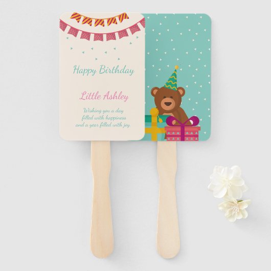 Éventail petit ours et anniversaire de dos rose (Devant et derrière)