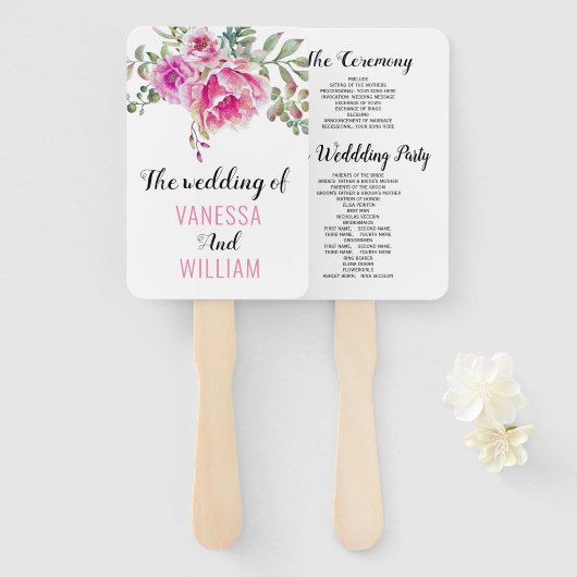 Éventail Pink aquarelle fleurs typographie programme de mar (Devant et derrière)