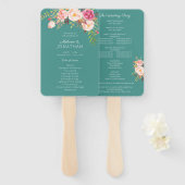 Éventail Pink Blush Bloom Floral Wedding Programme Turquois (Devant et derrière)