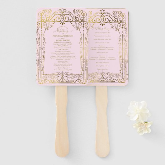 Éventail Pink Gold Déco Chic Glam Programme de mariage Vent (Devant et derrière)