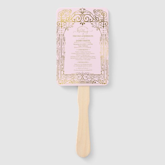 Éventail Pink Gold Déco Chic Glam Programme de mariage Vent (Devant)