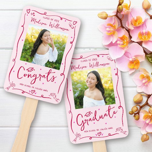 Éventail Pink Red Hand Drawn Doodle Graduation 2 Photo Fun