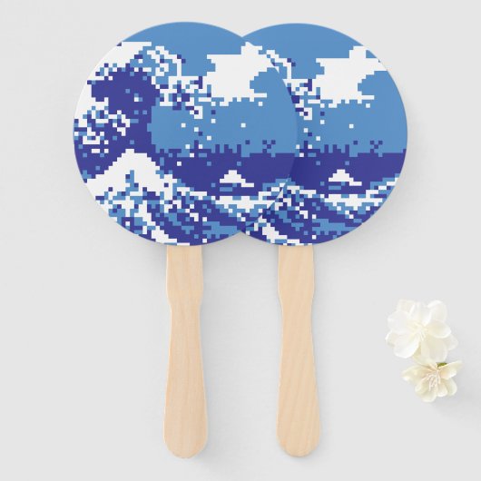 Éventail Pixel Tsunami bleu 8 bits Pixel Art (Devant et derrière)