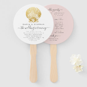 Éventail Plage Seashell Gold + Pink Wedding Programme Fan