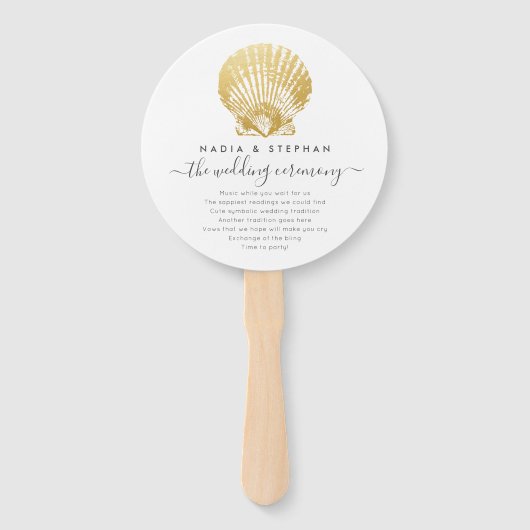 Éventail Plage Seashell Gold + Pink Wedding Programme Fan (Devant)