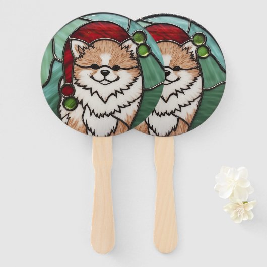 Éventail Pomeranian Vitrail de Noël (Devant et derrière)