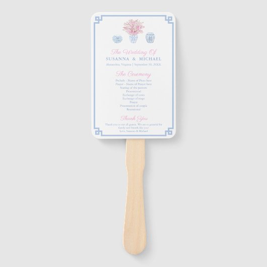 Éventail Preppy Pastel Bleu Et Mariage Chinoiserie Rose (Devant)