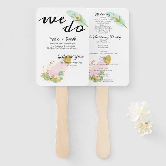 Éventail Programme Boho Pink and Gold Feathers (Devant et derrière)