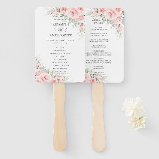 Éventail Programme Chic Delicate Blush Rose Floral Wedding (Devant et derrière)