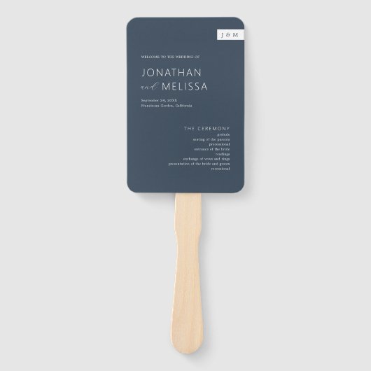 Éventail Programme classique de mariage de Monogrammes Bleu (Devant)