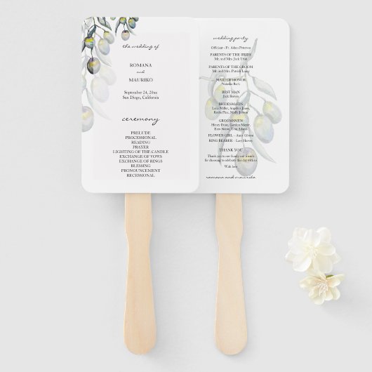 Éventail Programme d'aquarelle magique en olive peinte à la (Devant et derrière)