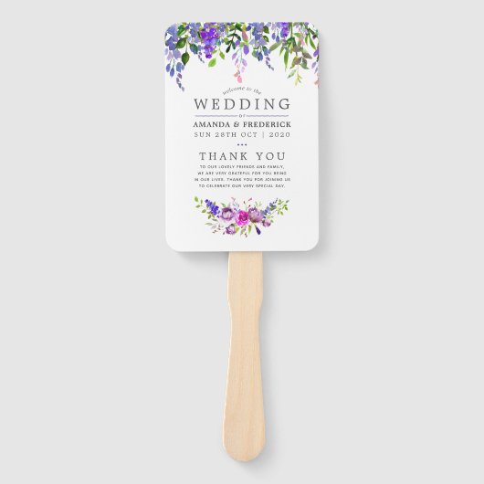 Éventail Programme d'aquarelle Mariage ultra violet (Devant)