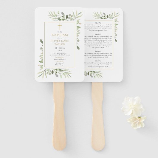 Éventail Programme de baptême croix dorée de verdure (Devant et derrière)