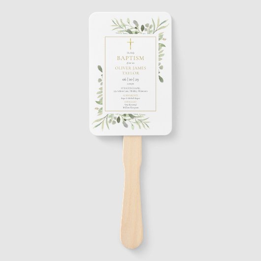 Éventail Programme de baptême croix dorée de verdure (Devant)