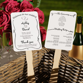 Éventail Programme de cérémonie de mariage à doodle noir et