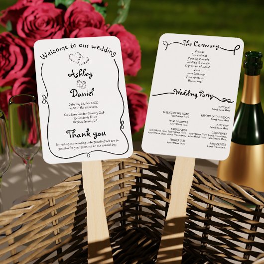 Éventail Programme de cérémonie de mariage à doodle noir et