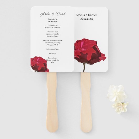 Éventail Programme de cérémonie de mariage à la rose rouge (Devant et derrière)