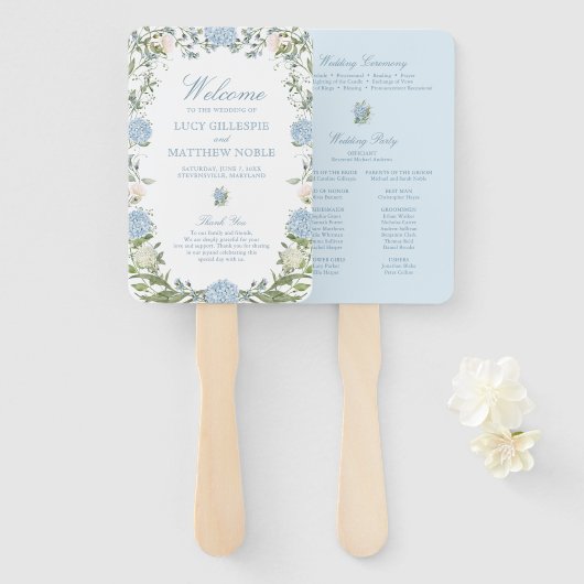 Éventail Programme de cérémonie de mariage aux hortensias b (Devant et derrière)