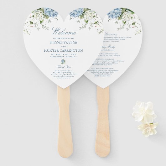 Éventail Programme de cérémonie de mariage aux hortensias b (Devant et derrière)